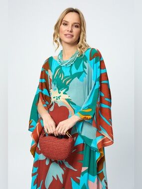Nu Shuz Key West Bold Multicolor Blue Tropical Floral Maxi Kaftan Cover Dress